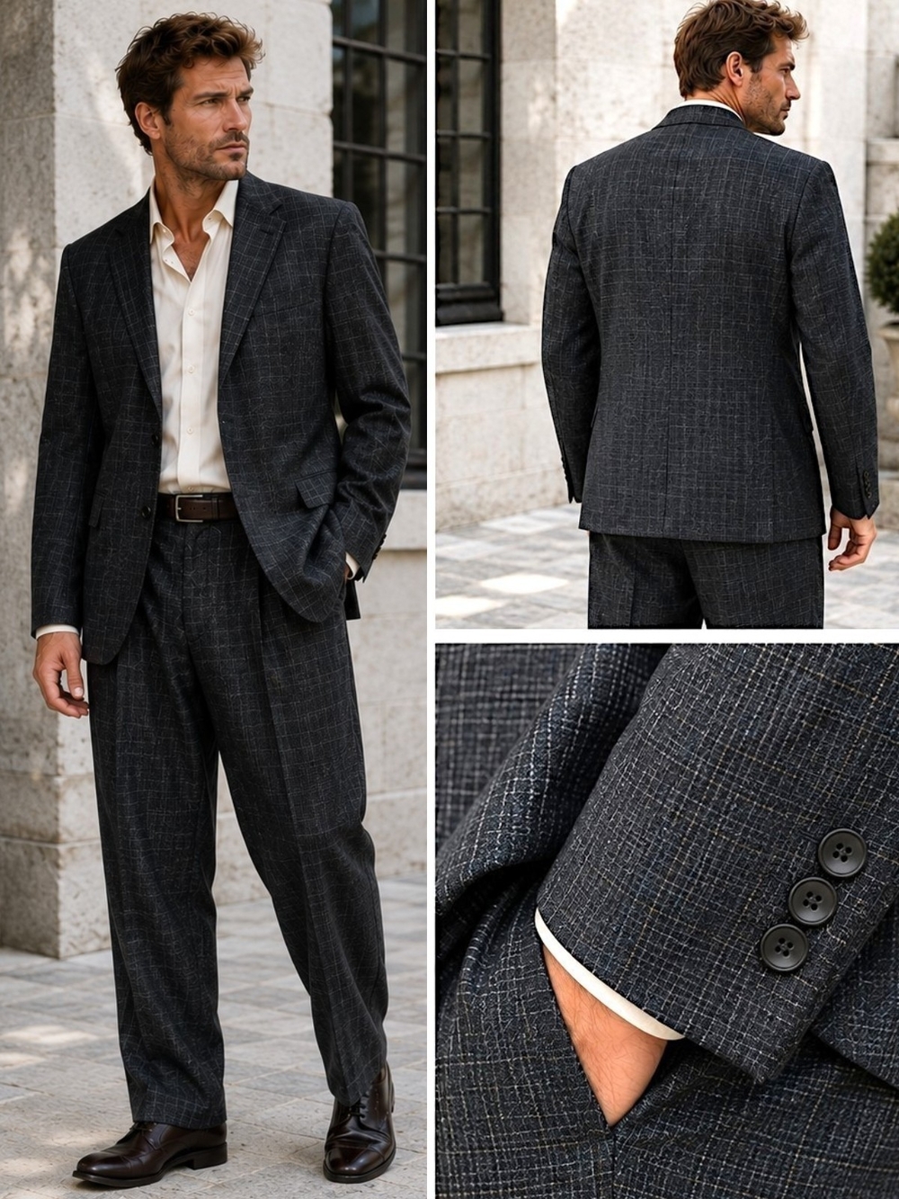 Men's Charcoal Windowpane Two-Piece Suit